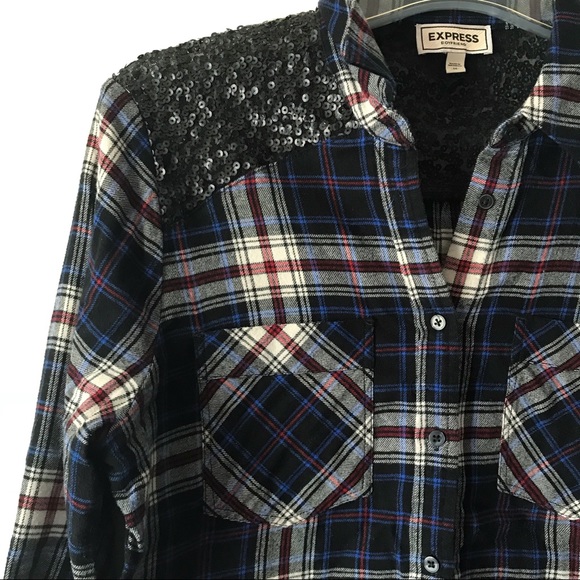 Express Tops - Express Boyfriend Plaid Flannel Sequin Button Down